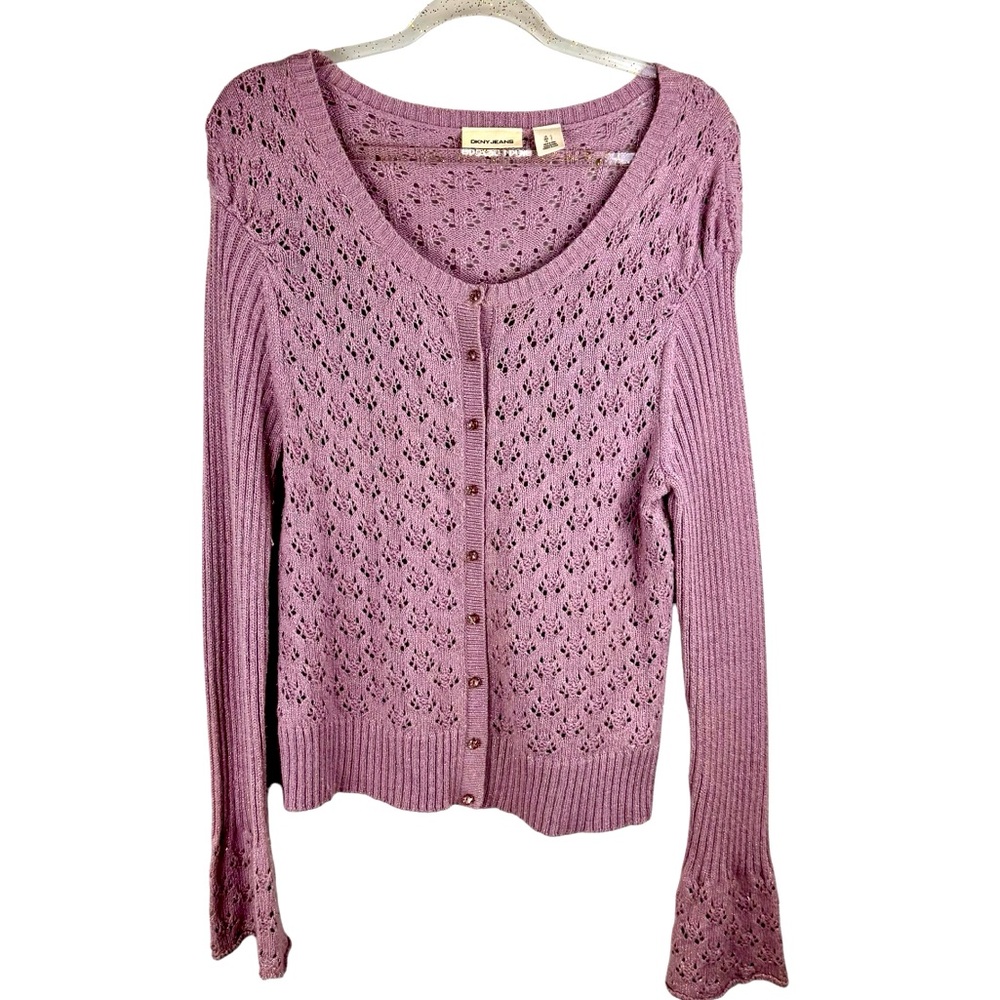 DKNY Womens Long Sleeved Buttoned Round Neck Cardigan  Purple w/sparkle‎ Sz L